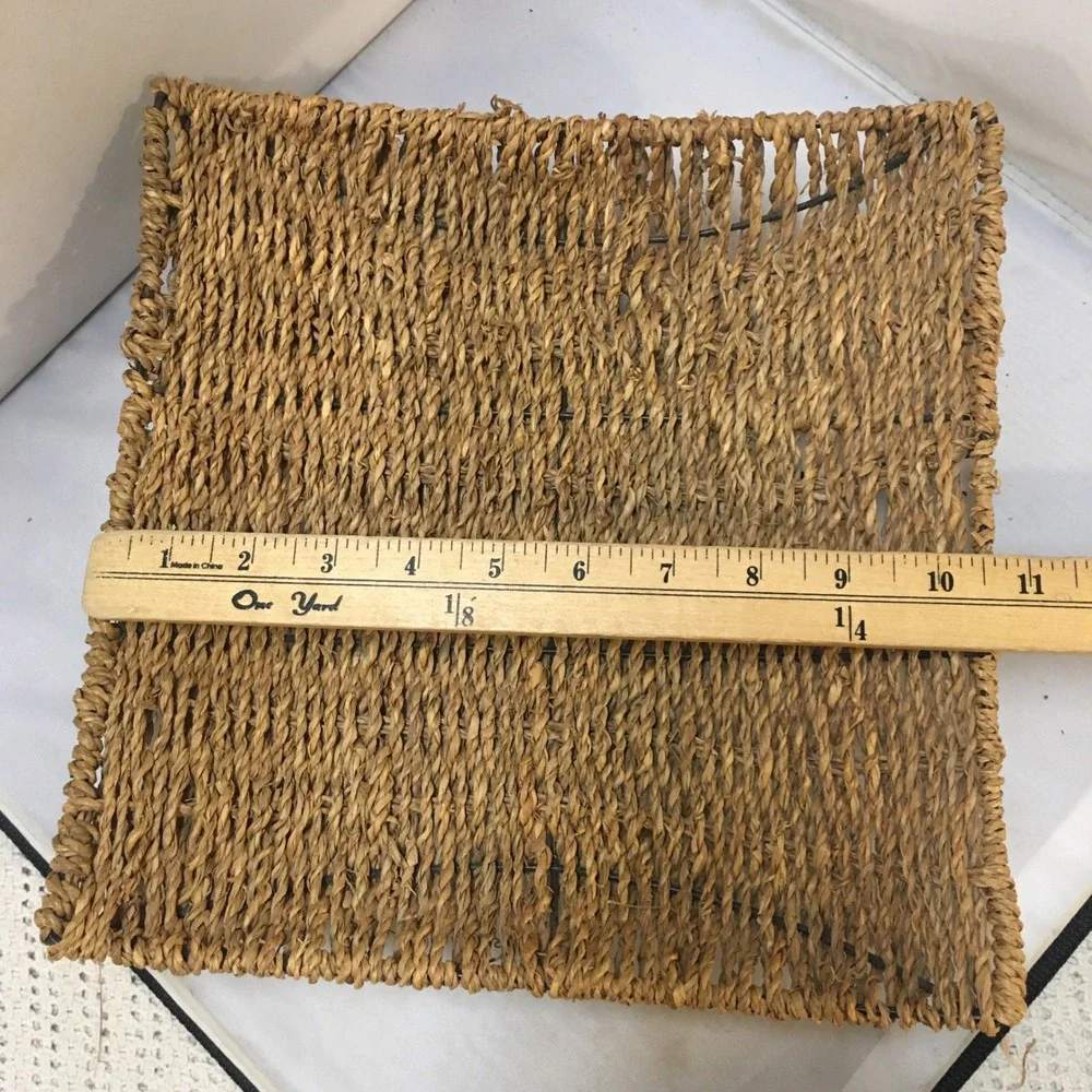 Woven Seagrass Tray Home Decor 10.5in Tan Square Metal Frame Boho Cottagecore